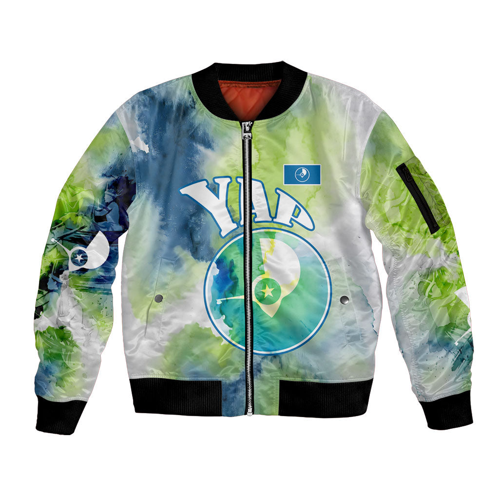 Yap Island Heritage Cultural Symbol Sleeve Zip Bomber Jacket Micronesian Flag Stone Money Watercolor Abstract Art Design TS04 Unisex Green Blue - Polynesian Pride