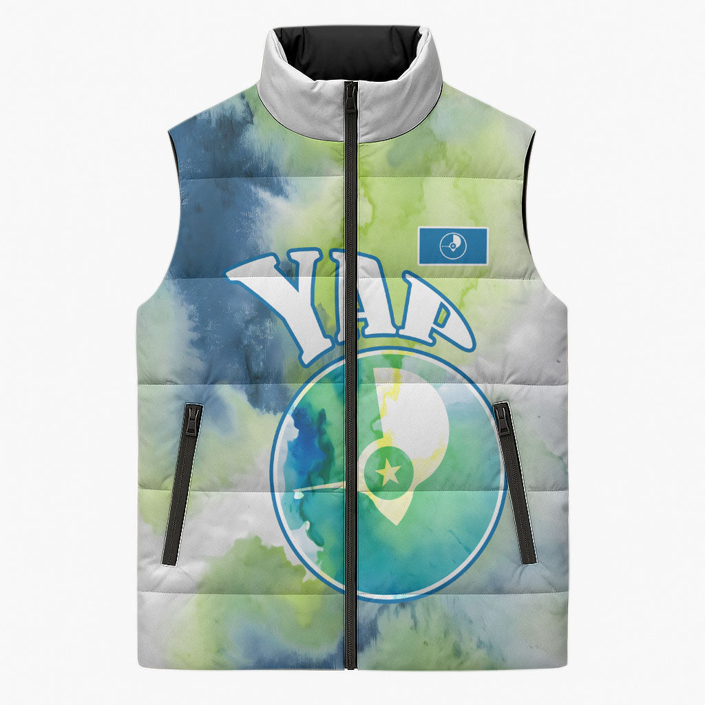 Yap Island Heritage Cultural Symbol Sleeveless Puffer Jacket Micronesian Flag Stone Money Watercolor Abstract Art Design TS04 Unisex Green Blue - Polynesian Pride
