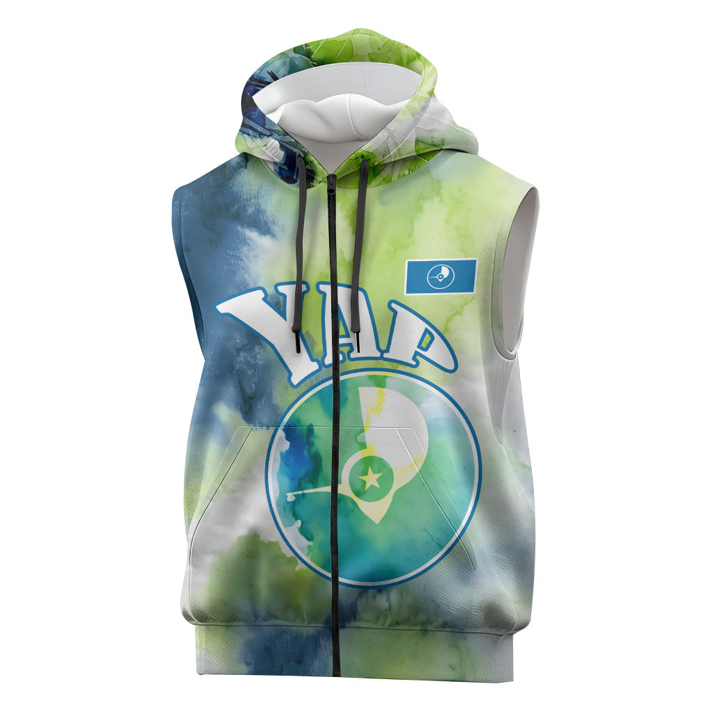 Yap Island Heritage Cultural Symbol Sleeveless Zip Hoodie Micronesian Flag Stone Money Watercolor Abstract Art Design TS04 Green Blue - Polynesian Pride