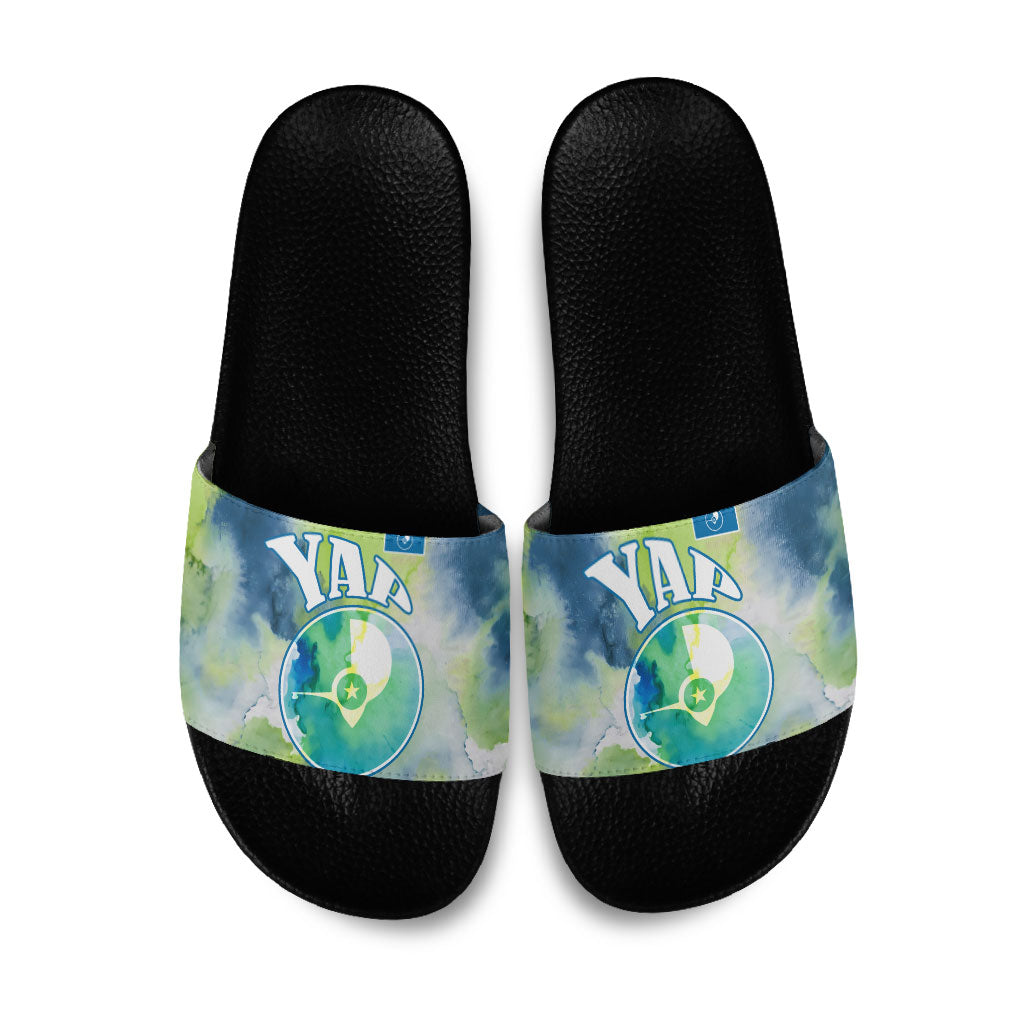 Yap Island Heritage Cultural Symbol Slide Sandals Micronesian Flag Stone Money Watercolor Abstract Art Design TS04 Green Blue - Polynesian Pride