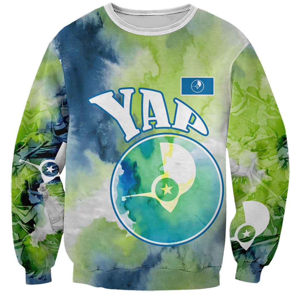 Yap Island Heritage Cultural Symbol Sweatshirt Micronesian Flag Stone Money Watercolor Abstract Art Design TS04 Unisex Green Blue - Polynesian Pride