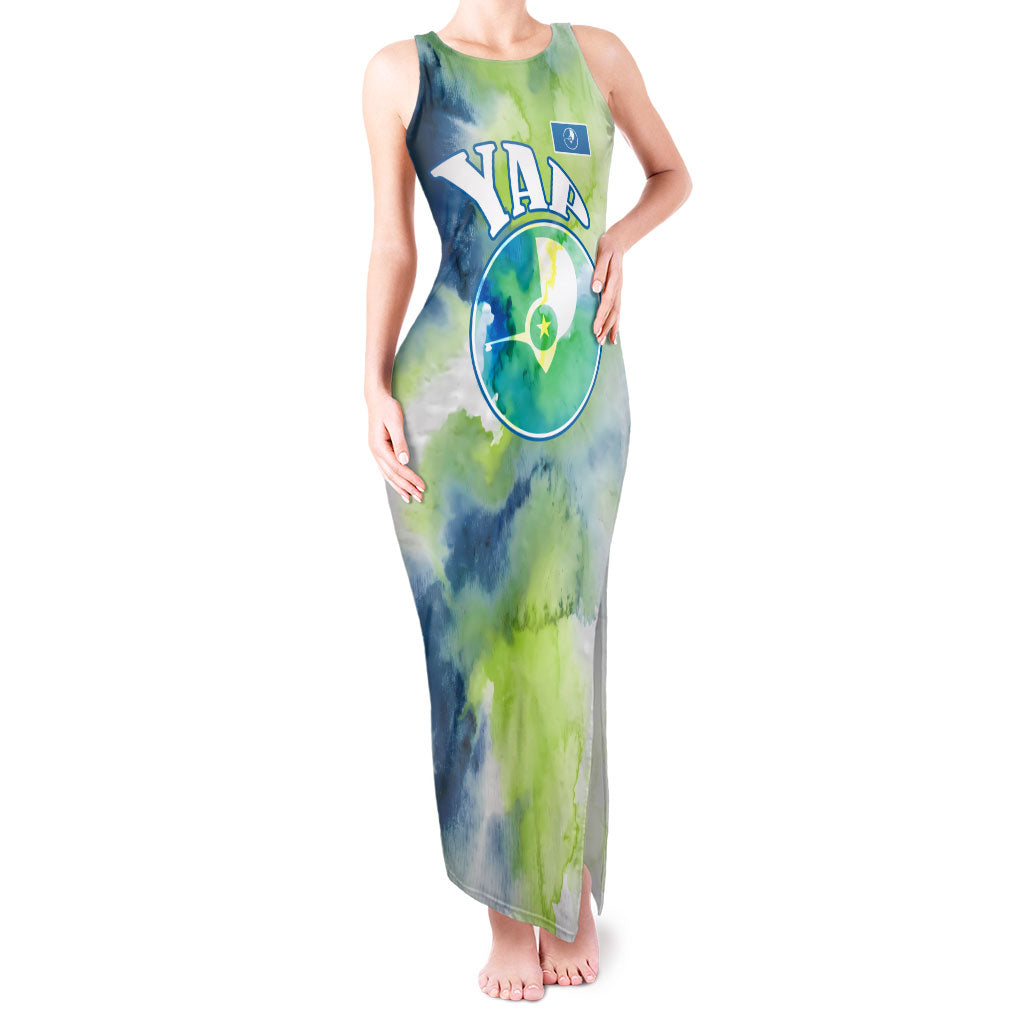 Yap Island Heritage Cultural Symbol Tank Maxi Dress Micronesian Flag Stone Money Watercolor Abstract Art Design TS04 Women Green Blue - Polynesian Pride