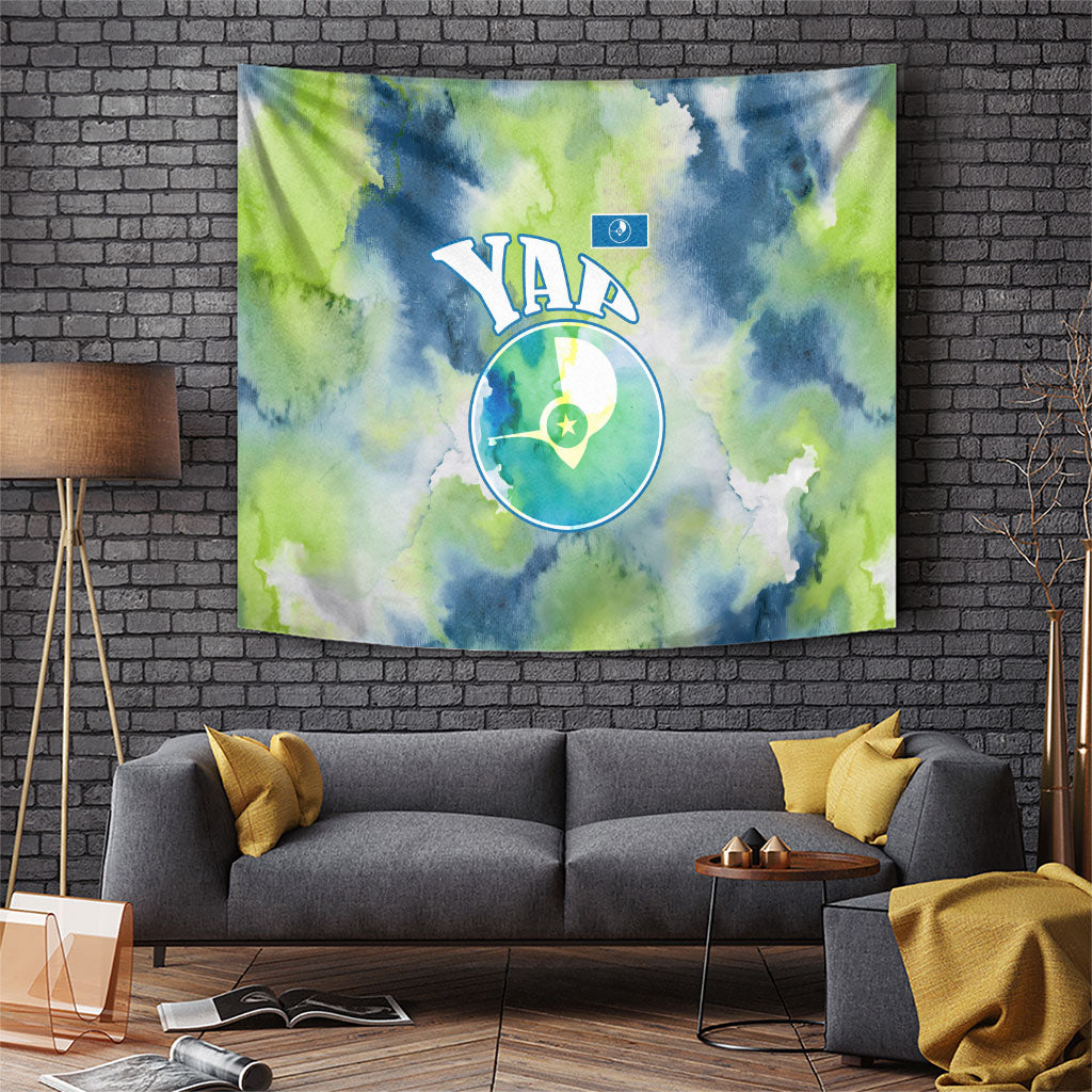 Yap Island Heritage Cultural Symbol Tapestry Micronesian Flag Stone Money Watercolor Abstract Art Design TS04 Green Blue - Polynesian Pride