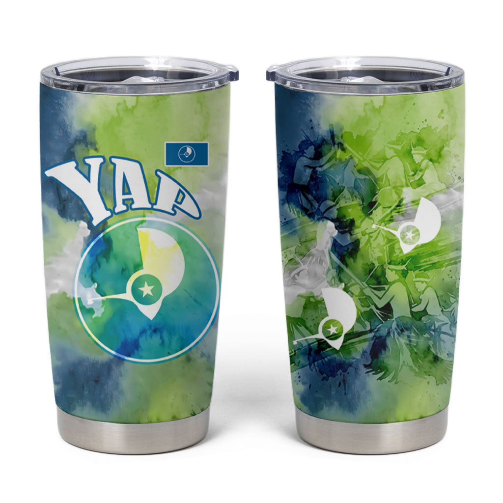Yap Island Heritage Cultural Symbol Tumbler Cup Micronesian Flag Stone Money Watercolor Abstract Art Design TS04 Green Blue - Polynesian Pride