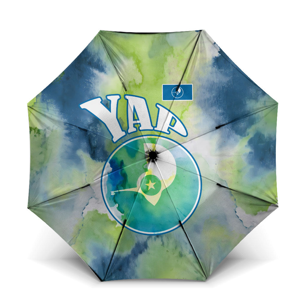 Yap Island Heritage Cultural Symbol Umbrella Micronesian Flag Stone Money Watercolor Abstract Art Design TS04 One Size Folded 11.42 inch Opened Diameter 37.4 inch Green Blue - Polynesian Pride