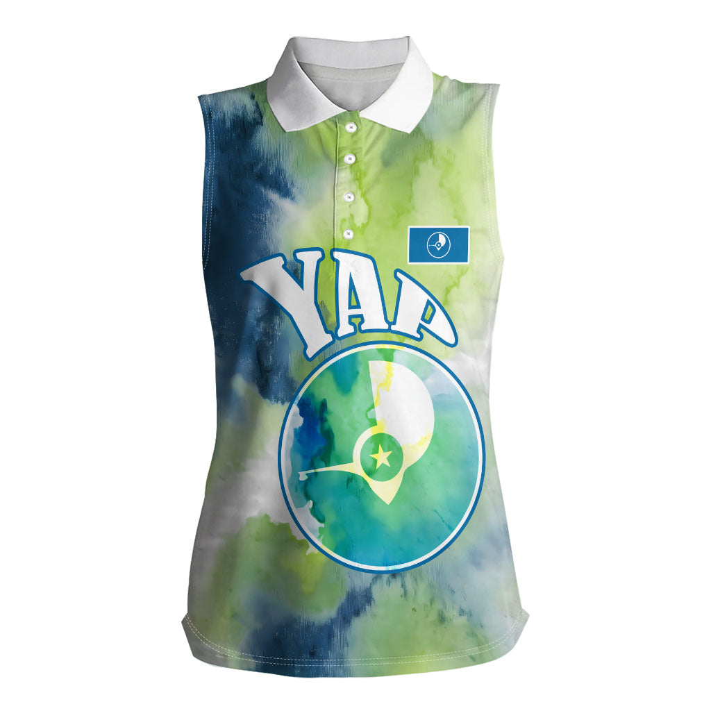 Yap Island Heritage Cultural Symbol Women Sleeveless Polo Shirt Micronesian Flag Stone Money Watercolor Abstract Art Design TS04 Female Green Blue - Polynesian Pride