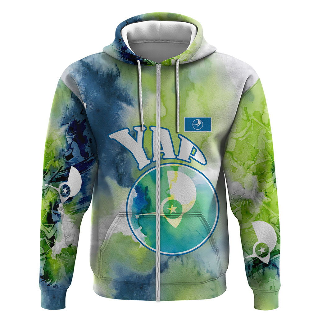 Yap Island Heritage Cultural Symbol Zip Hoodie Micronesian Flag Stone Money Watercolor Abstract Art Design TS04 Zip Hoodie Green Blue - Polynesian Pride
