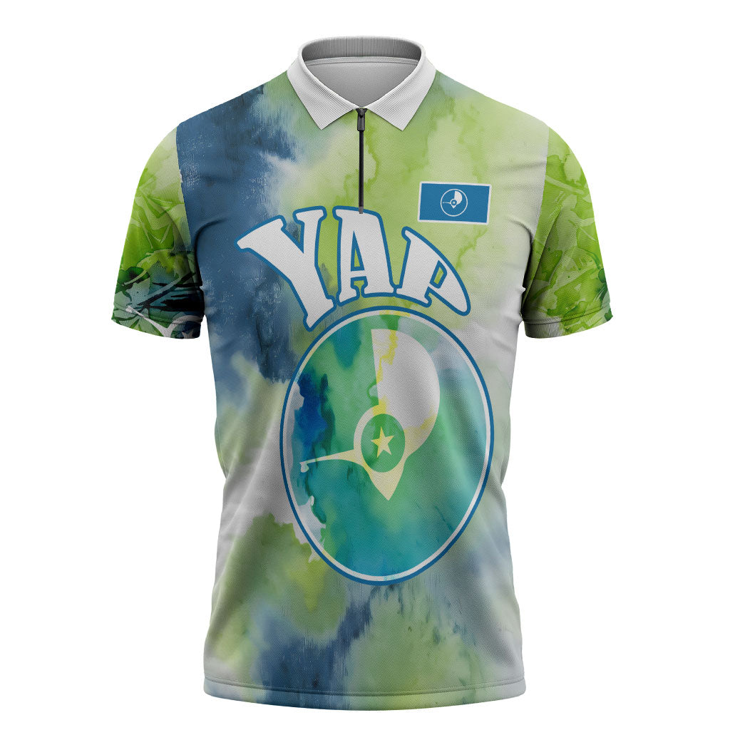 Yap Island Heritage Cultural Symbol Zipper Polo Shirt Micronesian Flag Stone Money Watercolor Abstract Art Design TS04 Green Blue - Polynesian Pride