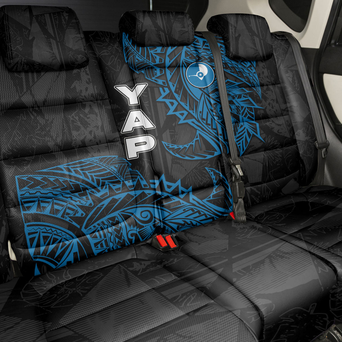 Yap Island Tribal Heritage Back Car Seat Cover Micronesian Polynesian Tattoo Pattern Blue Black Cultural Art