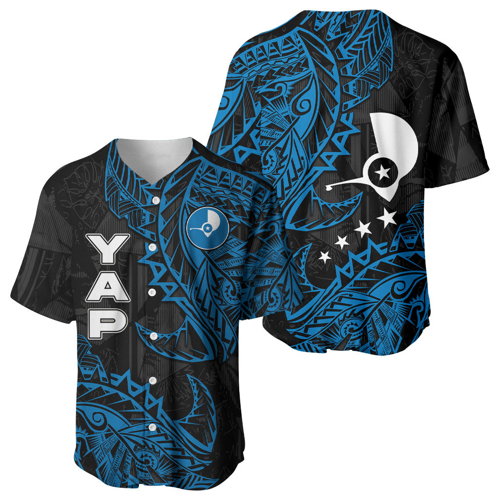 Yap Island Tribal Heritage Baseball Jersey Micronesian Polynesian Tattoo Pattern Blue Black Cultural Art