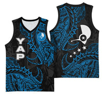 Yap Island Tribal Heritage Basketball Jersey Micronesian Polynesian Tattoo Pattern Blue Black Cultural Art
