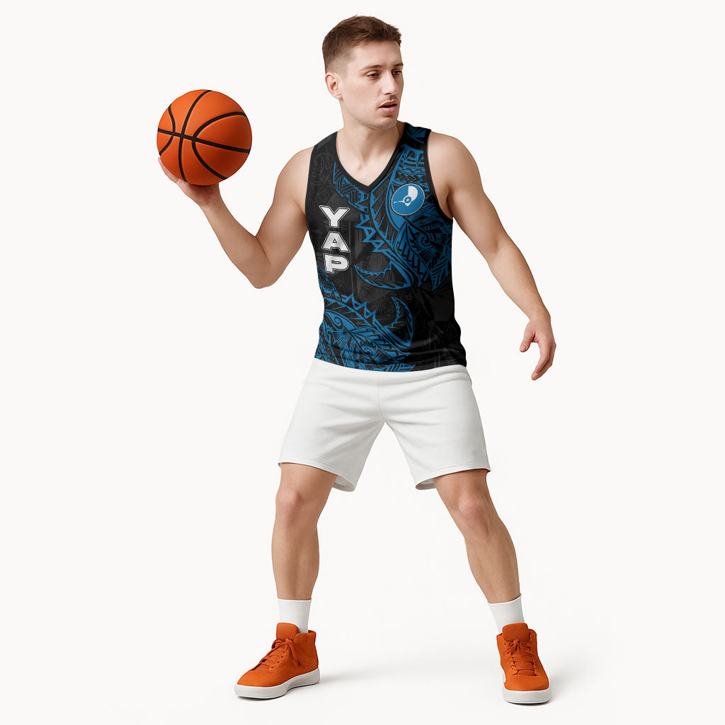 Yap Island Tribal Heritage Basketball Jersey Micronesian Polynesian Tattoo Pattern Blue Black Cultural Art