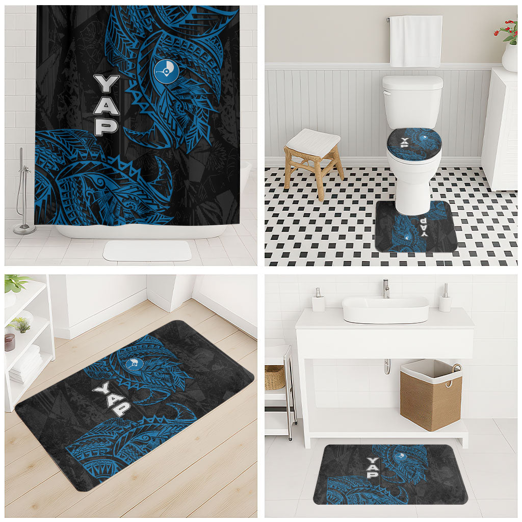 Yap Island Tribal Heritage Bathroom Set Micronesian Polynesian Tattoo Pattern Blue Black Cultural Art