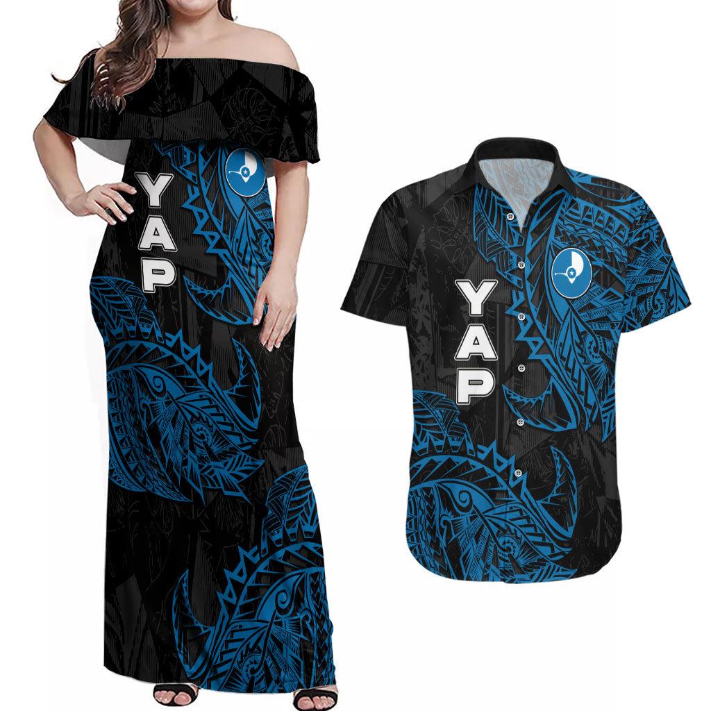 Yap Island Tribal Heritage Couples Matching Off Shoulder Maxi Dress and Hawaiian Shirt Micronesian Polynesian Tattoo Pattern Blue Black Cultural Art TS04 Black Blue - Polynesian Pride