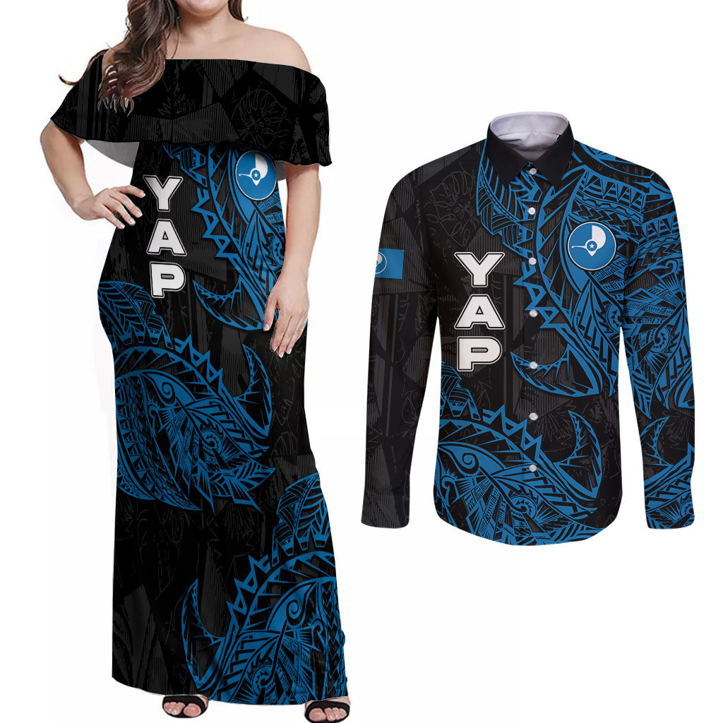 Yap Island Tribal Heritage Couples Matching Off Shoulder Maxi Dress and Long Sleeve Button Shirt Micronesian Polynesian Tattoo Pattern Blue Black Cultural Art TS04 Black Blue - Polynesian Pride