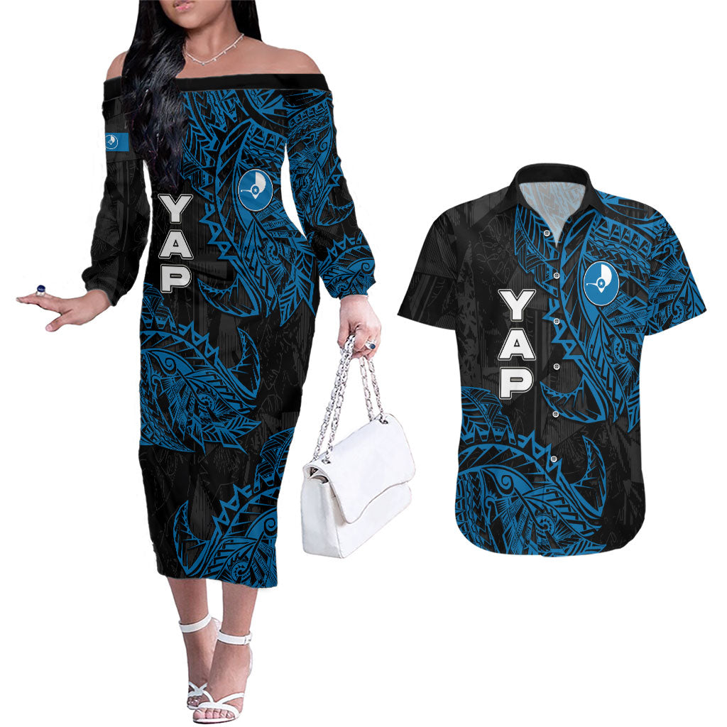 Yap Island Tribal Heritage Couples Matching Off The Shoulder Long Sleeve Dress and Hawaiian Shirt Micronesian Polynesian Tattoo Pattern Blue Black Cultural Art TS04 Black Blue - Polynesian Pride