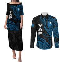 Yap Island Tribal Heritage Couples Matching Puletasi and Long Sleeve Button Shirt Micronesian Polynesian Tattoo Pattern Blue Black Cultural Art