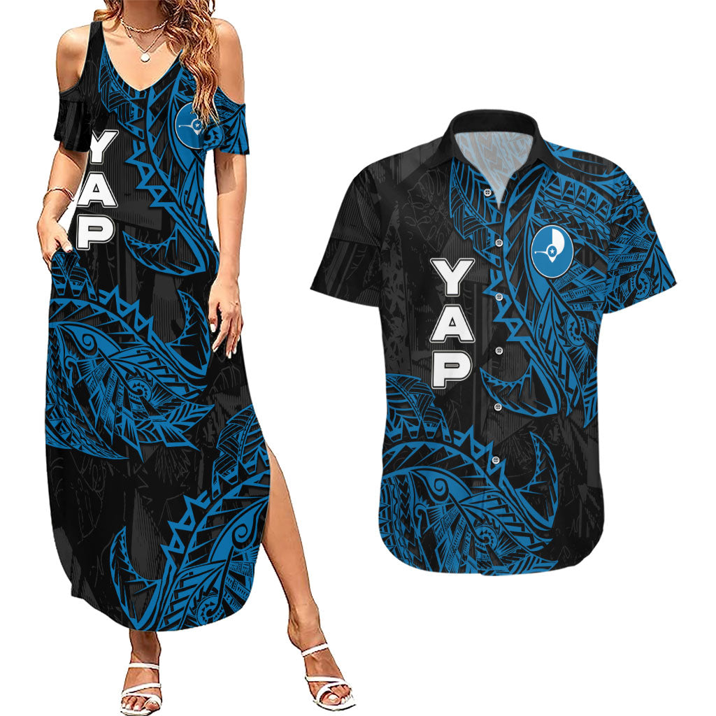 Yap Island Tribal Heritage Couples Matching Summer Maxi Dress and Hawaiian Shirt Micronesian Polynesian Tattoo Pattern Blue Black Cultural Art TS04 Black Blue - Polynesian Pride