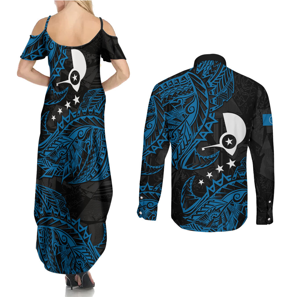 Yap Island Tribal Heritage Couples Matching Summer Maxi Dress and Long Sleeve Button Shirt Micronesian Polynesian Tattoo Pattern Blue Black Cultural Art