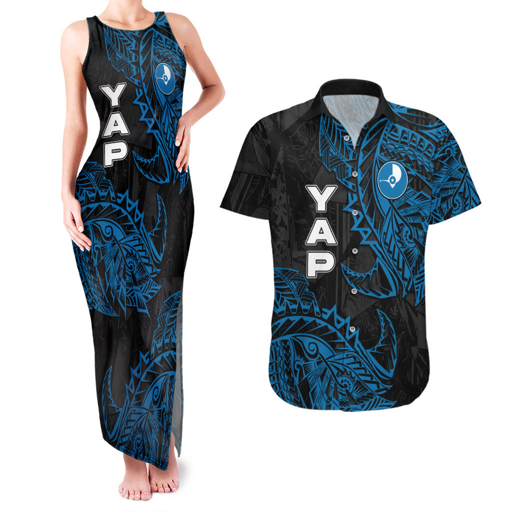 Yap Island Tribal Heritage Couples Matching Tank Maxi Dress and Hawaiian Shirt Micronesian Polynesian Tattoo Pattern Blue Black Cultural Art