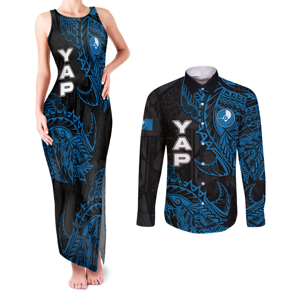 Yap Island Tribal Heritage Couples Matching Tank Maxi Dress and Long Sleeve Button Shirt Micronesian Polynesian Tattoo Pattern Blue Black Cultural Art