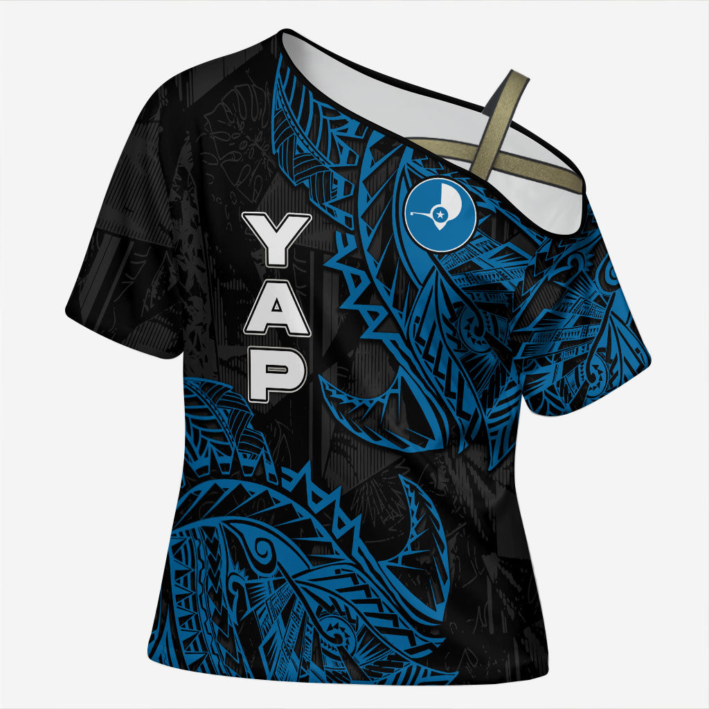 Yap Island Tribal Heritage Cross Shoulder Shirt Micronesian Polynesian Tattoo Pattern Blue Black Cultural Art