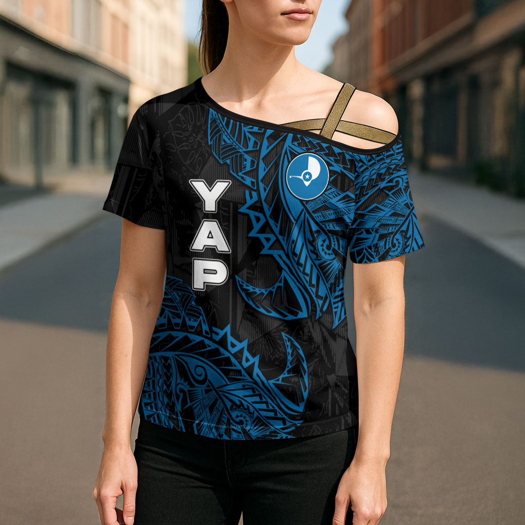 Yap Island Tribal Heritage Cross Shoulder Shirt Micronesian Polynesian Tattoo Pattern Blue Black Cultural Art