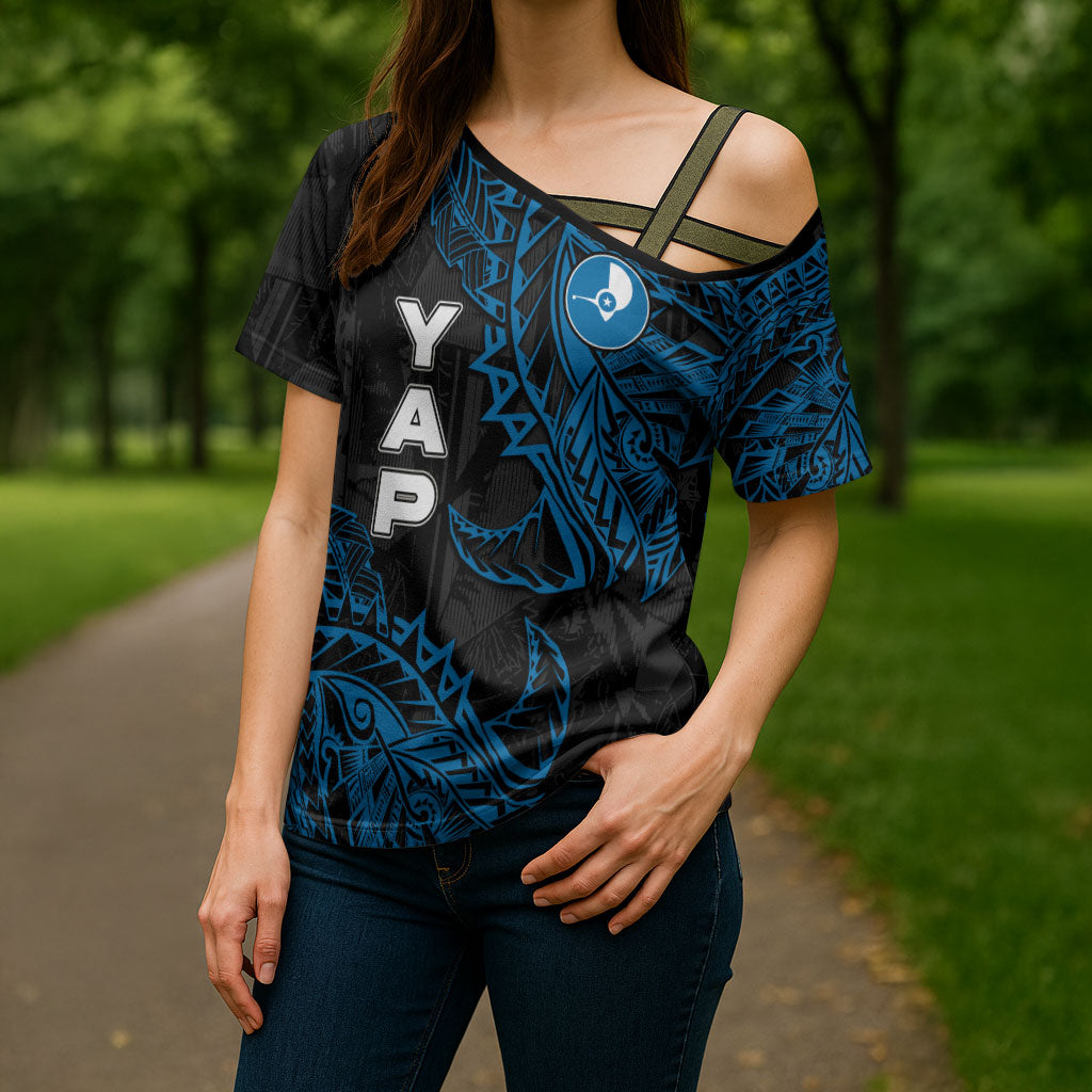 Yap Island Tribal Heritage Cross Shoulder Shirt Micronesian Polynesian Tattoo Pattern Blue Black Cultural Art