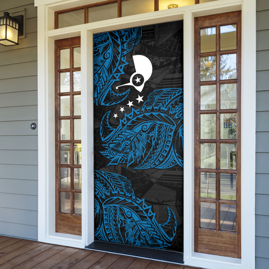 Yap Island Tribal Heritage Door Cover Micronesian Polynesian Tattoo Pattern Blue Black Cultural Art