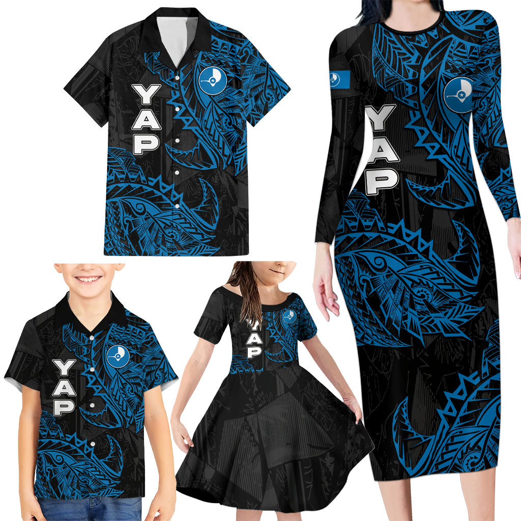 Yap Island Tribal Heritage Family Matching Long Sleeve Bodycon Dress and Hawaiian Shirt Micronesian Polynesian Tattoo Pattern Blue Black Cultural Art TS04 - Polynesian Pride