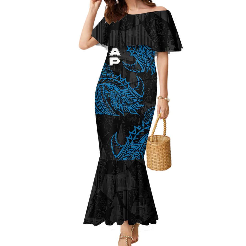 Yap Island Tribal Heritage Family Matching Mermaid Dress and Hawaiian Shirt Micronesian Polynesian Tattoo Pattern Blue Black Cultural Art