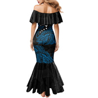 Yap Island Tribal Heritage Family Matching Mermaid Dress and Hawaiian Shirt Micronesian Polynesian Tattoo Pattern Blue Black Cultural Art