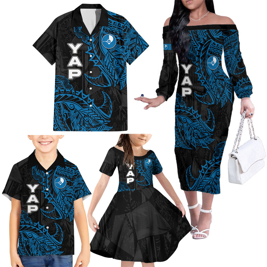 Yap Island Tribal Heritage Family Matching Off The Shoulder Long Sleeve Dress and Hawaiian Shirt Micronesian Polynesian Tattoo Pattern Blue Black Cultural Art TS04 - Polynesian Pride