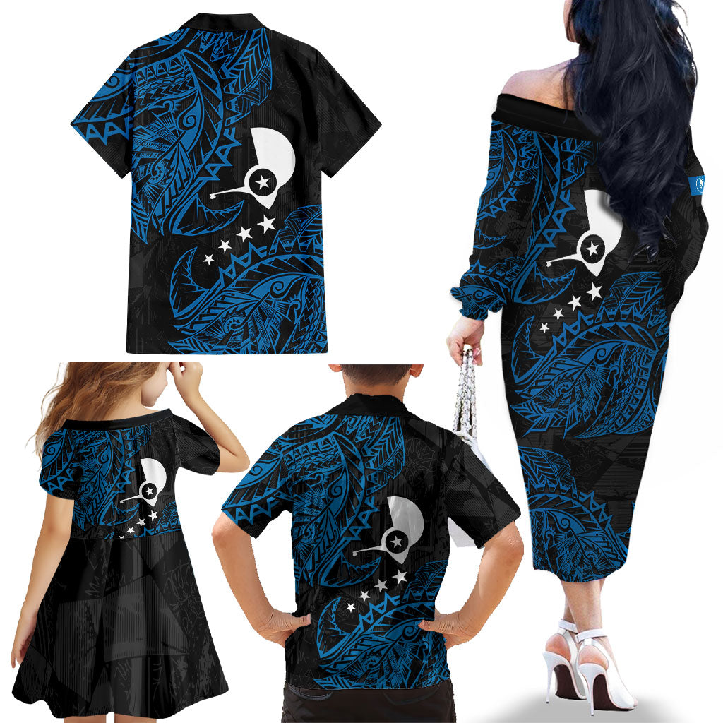 Yap Island Tribal Heritage Family Matching Off The Shoulder Long Sleeve Dress and Hawaiian Shirt Micronesian Polynesian Tattoo Pattern Blue Black Cultural Art