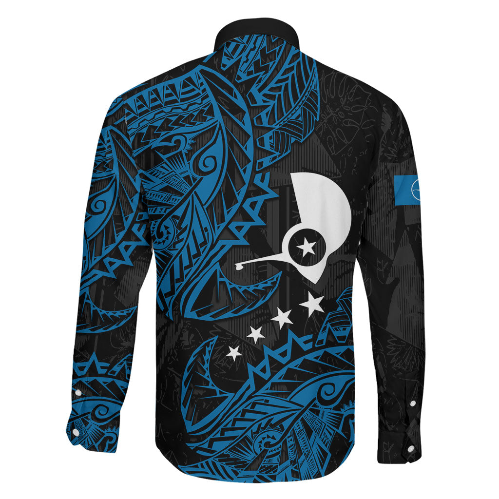 Yap Island Tribal Heritage Family Matching Off The Shoulder Long Sleeve Dress and Hawaiian Shirt Micronesian Polynesian Tattoo Pattern Blue Black Cultural Art