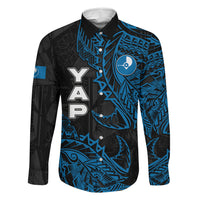 Yap Island Tribal Heritage Family Matching Off Shoulder Short Dress and Hawaiian Shirt Micronesian Polynesian Tattoo Pattern Blue Black Cultural Art