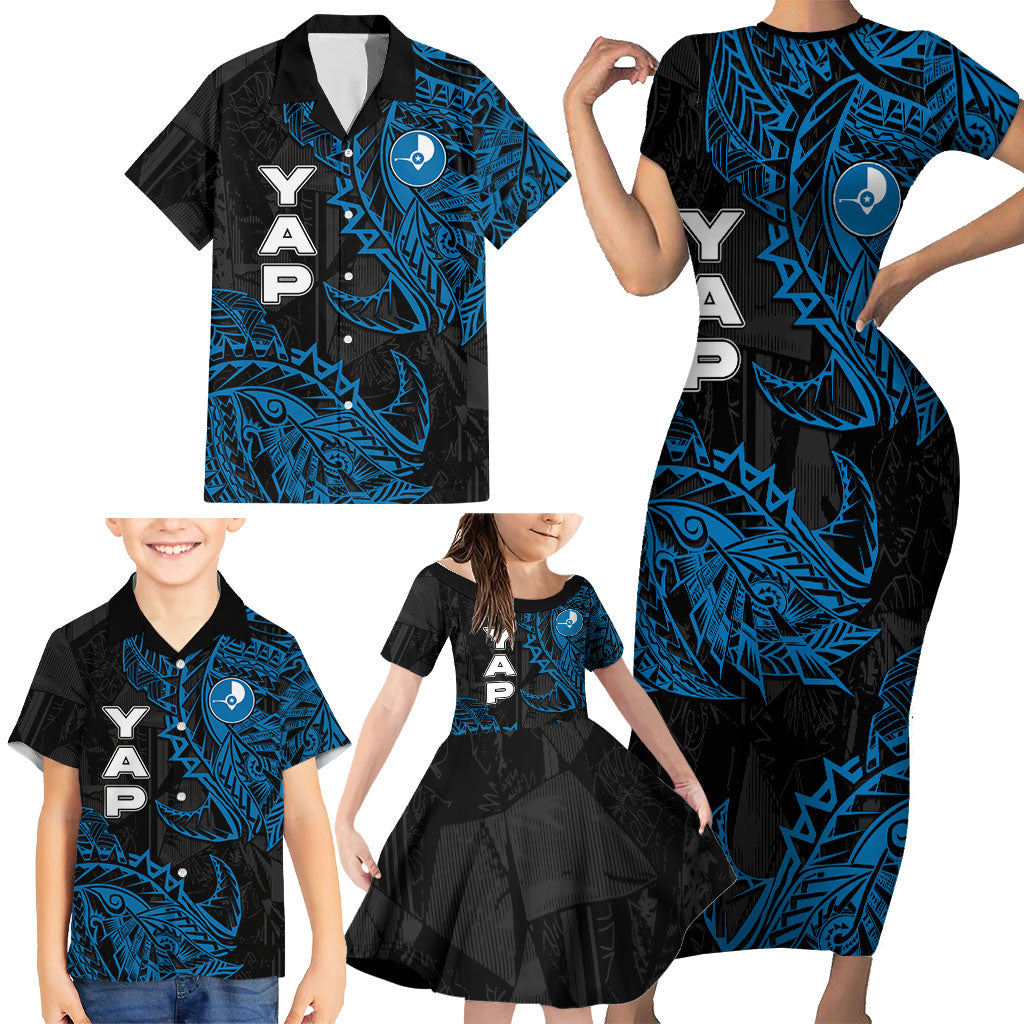 Yap Island Tribal Heritage Family Matching Short Sleeve Bodycon Dress and Hawaiian Shirt Micronesian Polynesian Tattoo Pattern Blue Black Cultural Art TS04 - Polynesian Pride