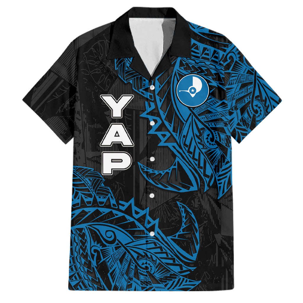 Yap Island Tribal Heritage Family Matching Short Sleeve Bodycon Dress and Hawaiian Shirt Micronesian Polynesian Tattoo Pattern Blue Black Cultural Art