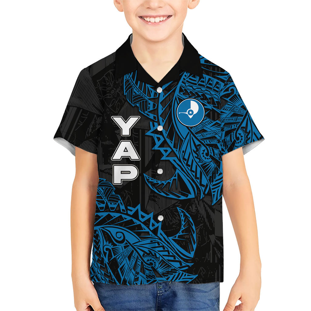 Yap Island Tribal Heritage Family Matching Tank Maxi Dress and Hawaiian Shirt Micronesian Polynesian Tattoo Pattern Blue Black Cultural Art