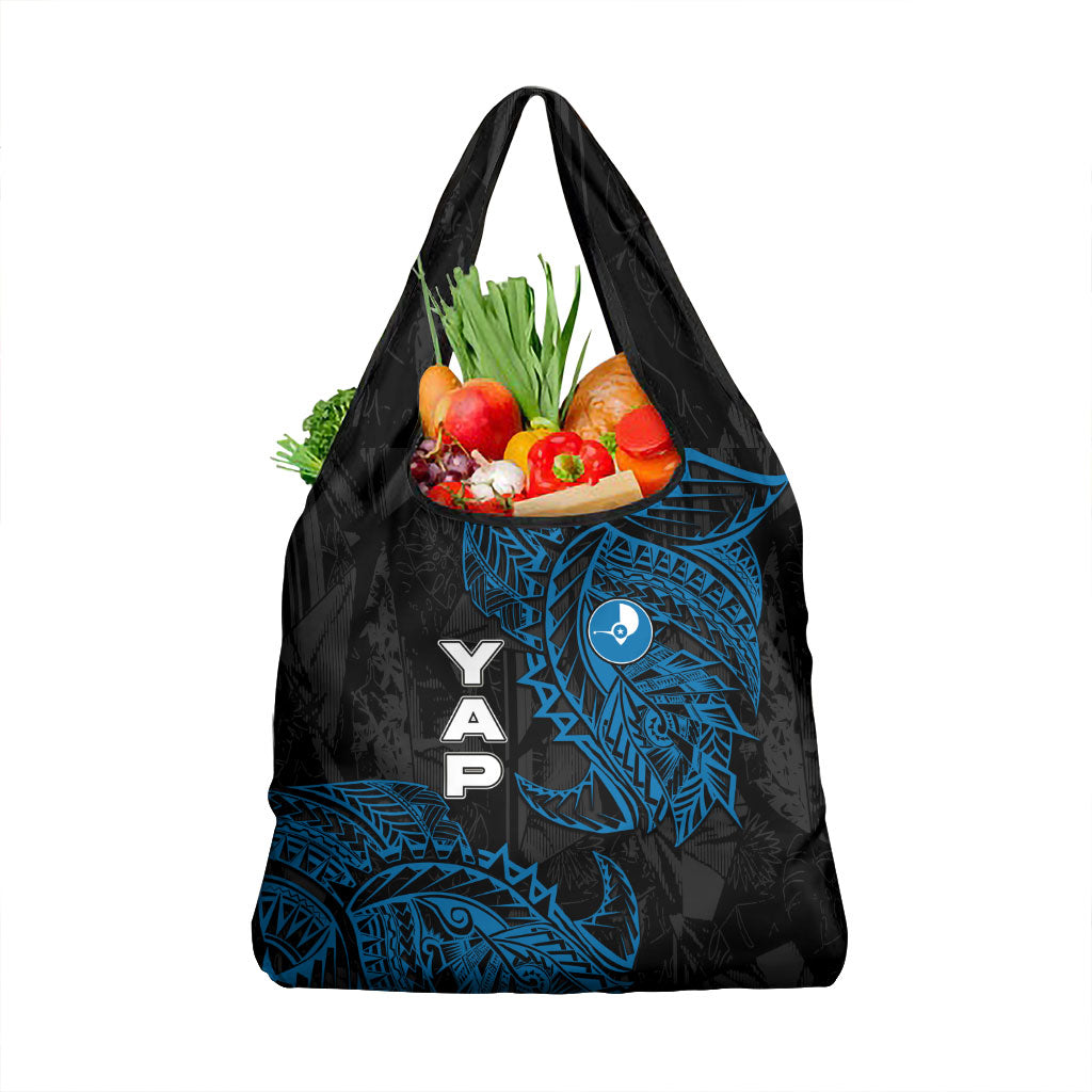 Yap Island Tribal Heritage Grocery Bag Micronesian Polynesian Tattoo Pattern Blue Black Cultural Art
