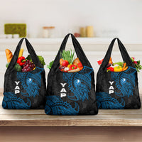 Yap Island Tribal Heritage Grocery Bag Micronesian Polynesian Tattoo Pattern Blue Black Cultural Art
