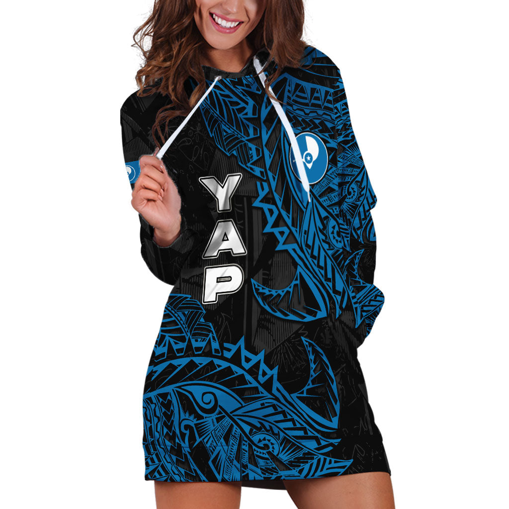 Yap Island Tribal Heritage Hoodie Dress Micronesian Polynesian Tattoo Pattern Blue Black Cultural Art