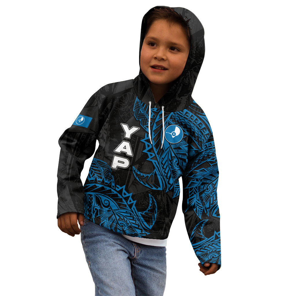 Yap Island Tribal Heritage Kid Hoodie Micronesian Polynesian Tattoo Pattern Blue Black Cultural Art
