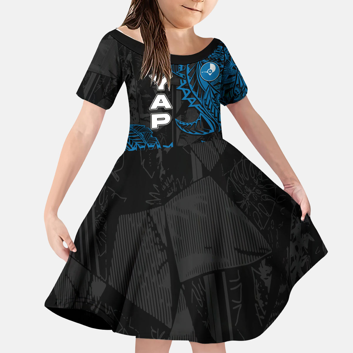 Yap Island Tribal Heritage Kid Short Sleeve Dress Micronesian Polynesian Tattoo Pattern Blue Black Cultural Art TS04 KID Black Blue - Polynesian Pride