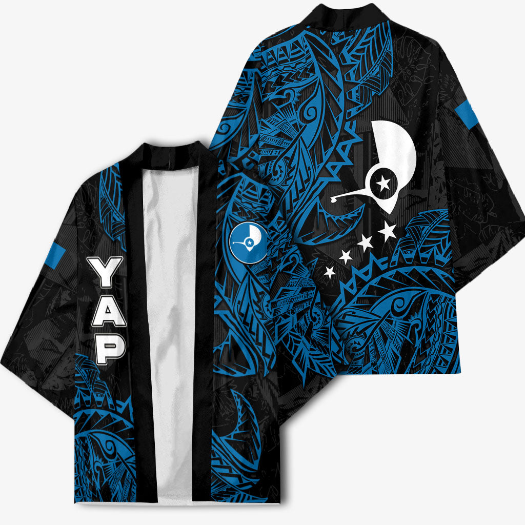 Yap Island Tribal Heritage Kimono Micronesian Polynesian Tattoo Pattern Blue Black Cultural Art