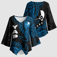 Yap Island Tribal Heritage Kimono Sleeve Blouse Micronesian Polynesian Tattoo Pattern Blue Black Cultural Art