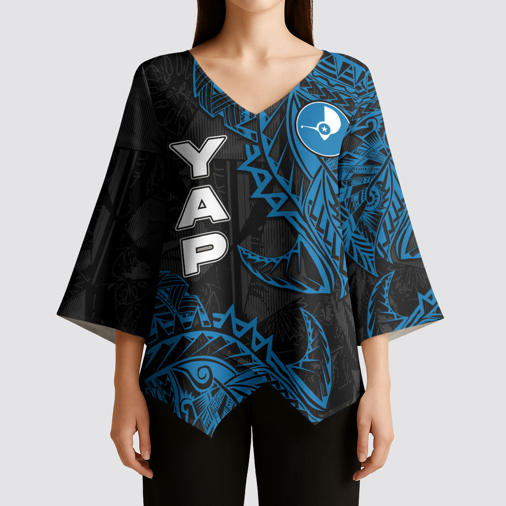Yap Island Tribal Heritage Kimono Sleeve Blouse Micronesian Polynesian Tattoo Pattern Blue Black Cultural Art