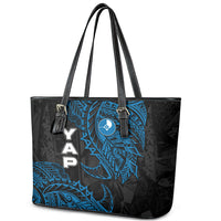 Yap Island Tribal Heritage Leather Tote Bag Micronesian Polynesian Tattoo Pattern Blue Black Cultural Art