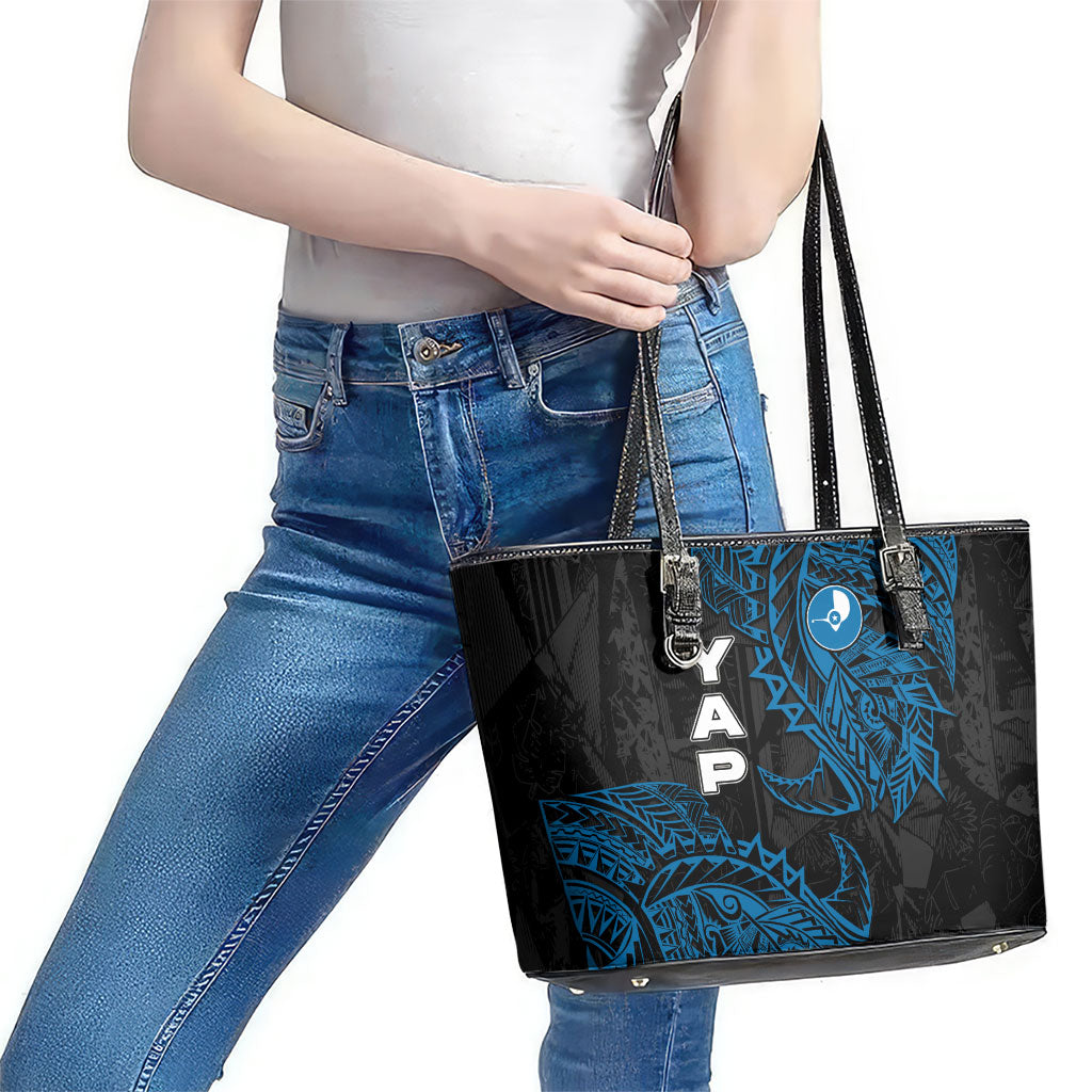 Yap Island Tribal Heritage Leather Tote Bag Micronesian Polynesian Tattoo Pattern Blue Black Cultural Art