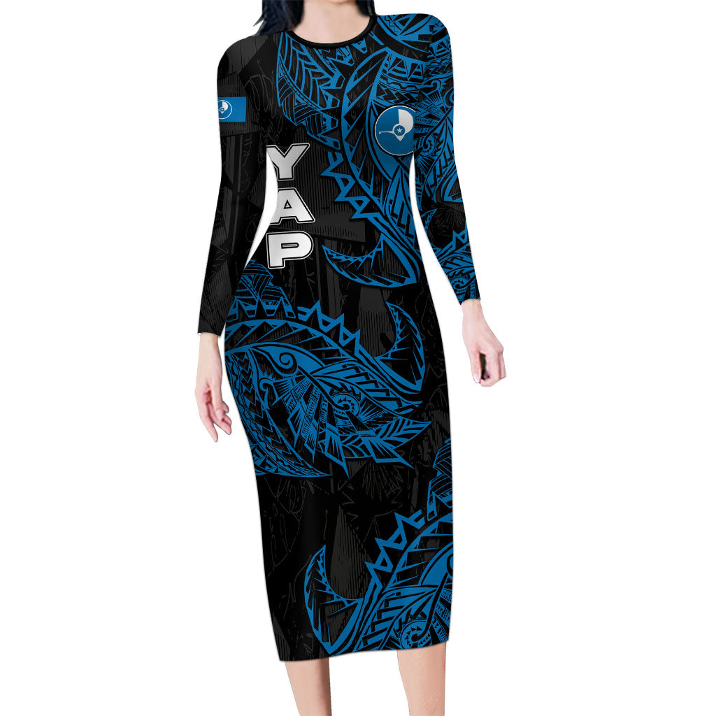 Yap Island Tribal Heritage Long Sleeve Bodycon Dress Micronesian Polynesian Tattoo Pattern Blue Black Cultural Art TS04 Long Dress Black Blue - Polynesian Pride